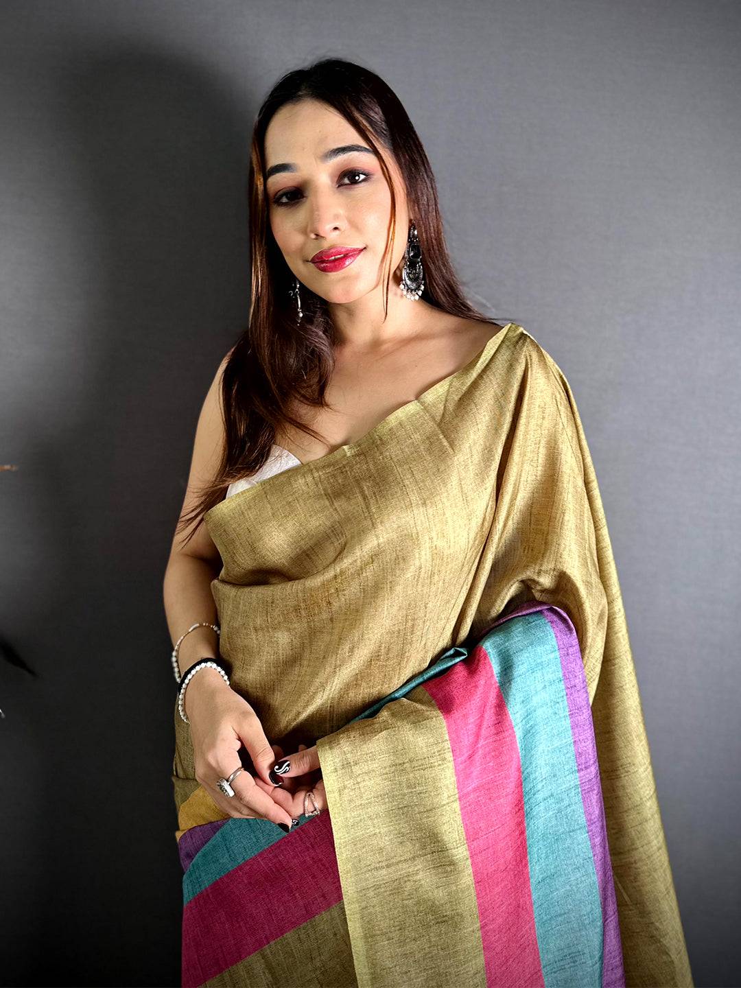 Classic Ghicha Stripe Digital Tussar Saree