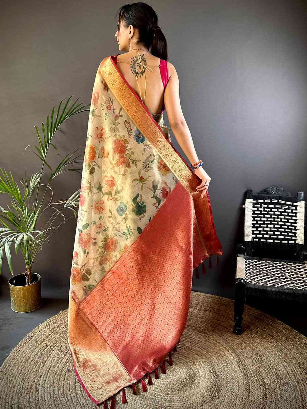 Beige Floral Gold Zari Tissue Saree