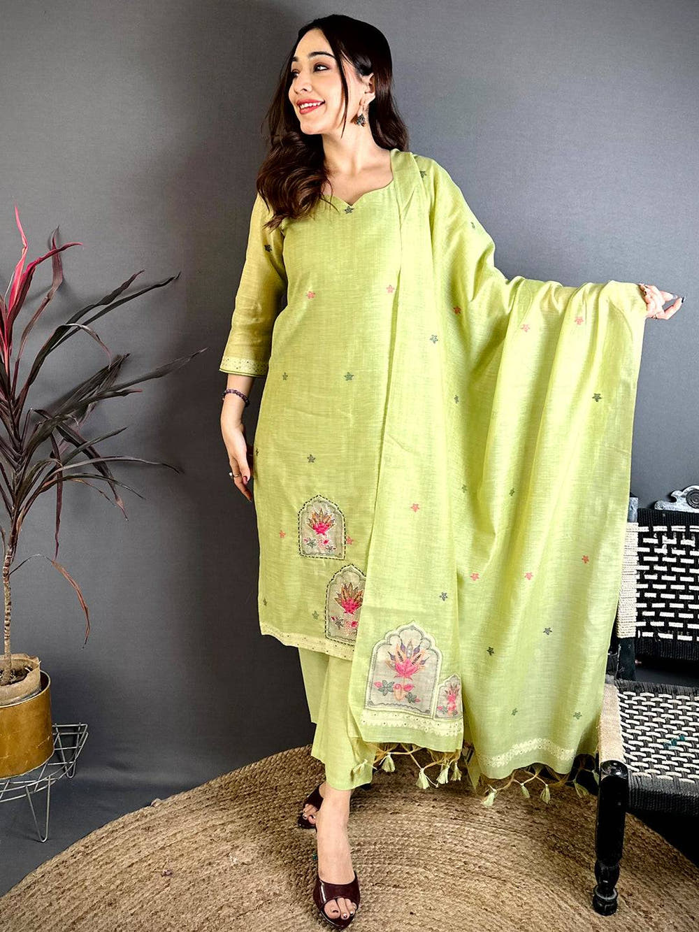 Lime Green Hand Embroidered Suit Set