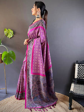 Deep Pink Patola And Kalamkari Fusion Saree