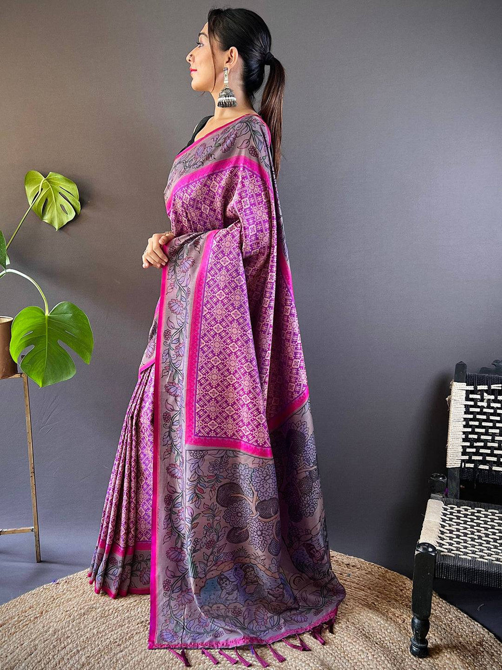 Deep Pink Patola And Kalamkari Fusion Saree