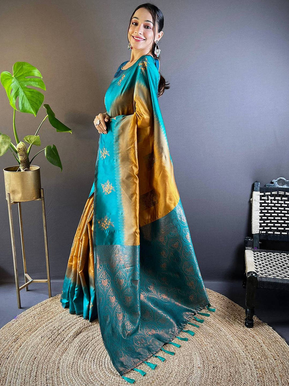 Mustard Sami Banarasi Tussar Silk Saree


