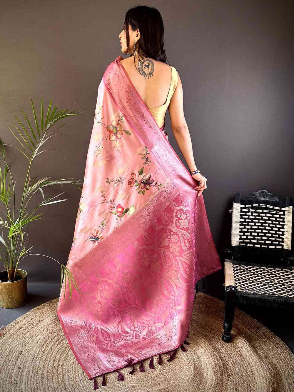 Pink Bamboo Silk Floral Saree