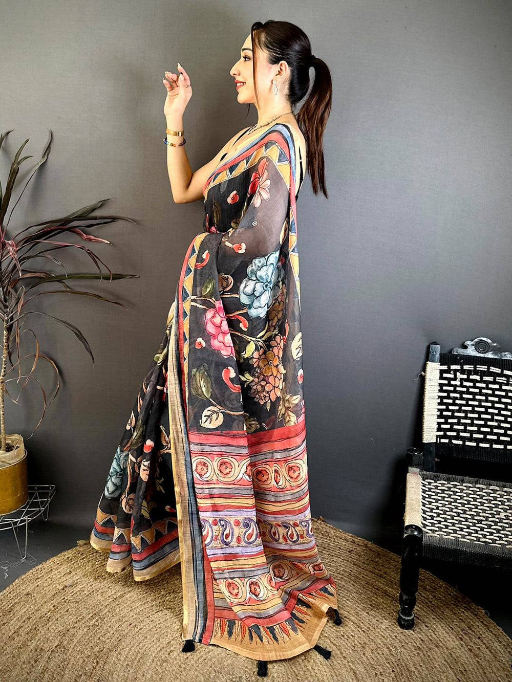 Black Free Hand Floral Linen Saree