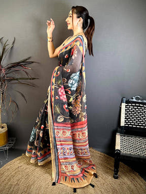 Black Free Hand Floral Linen Saree