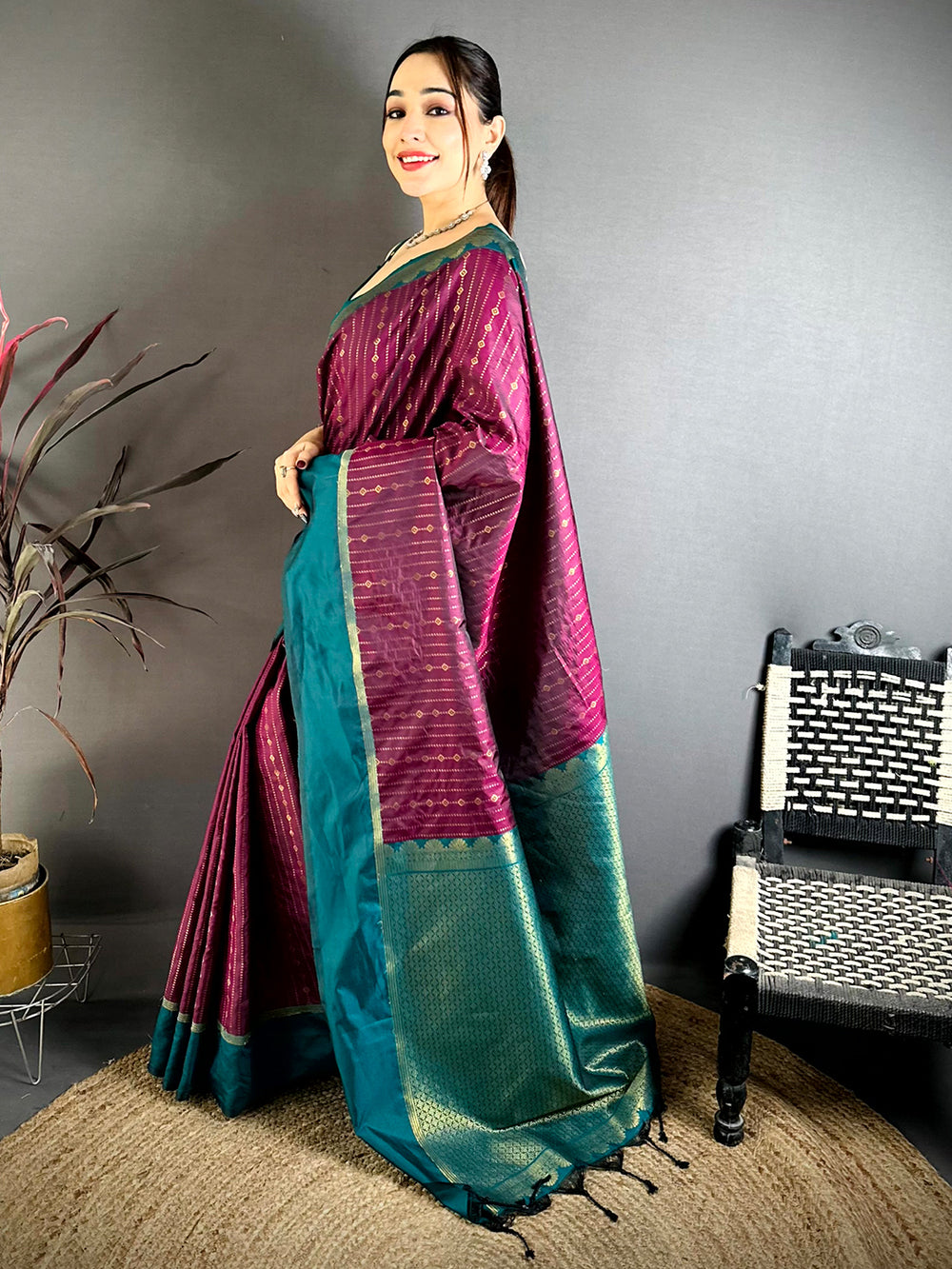 Wine Satin Bentex Border Soft Silk Saree
