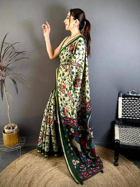 Radiant Mul Cotton Elephant Kalamkari Print Saree