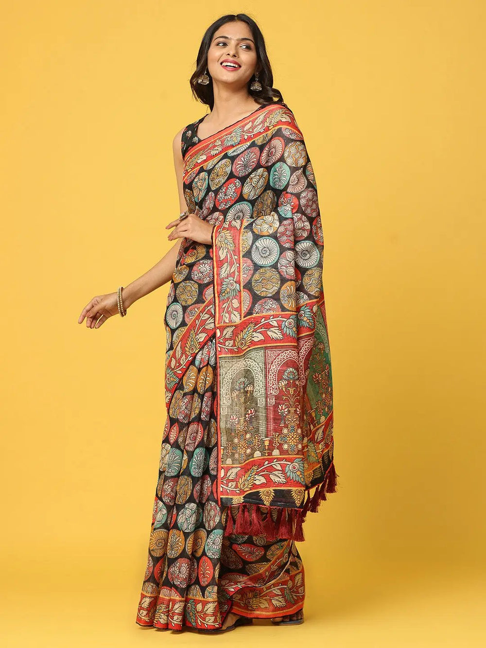 Soft Linen Kalamkari Block Print  With Sequin Border 