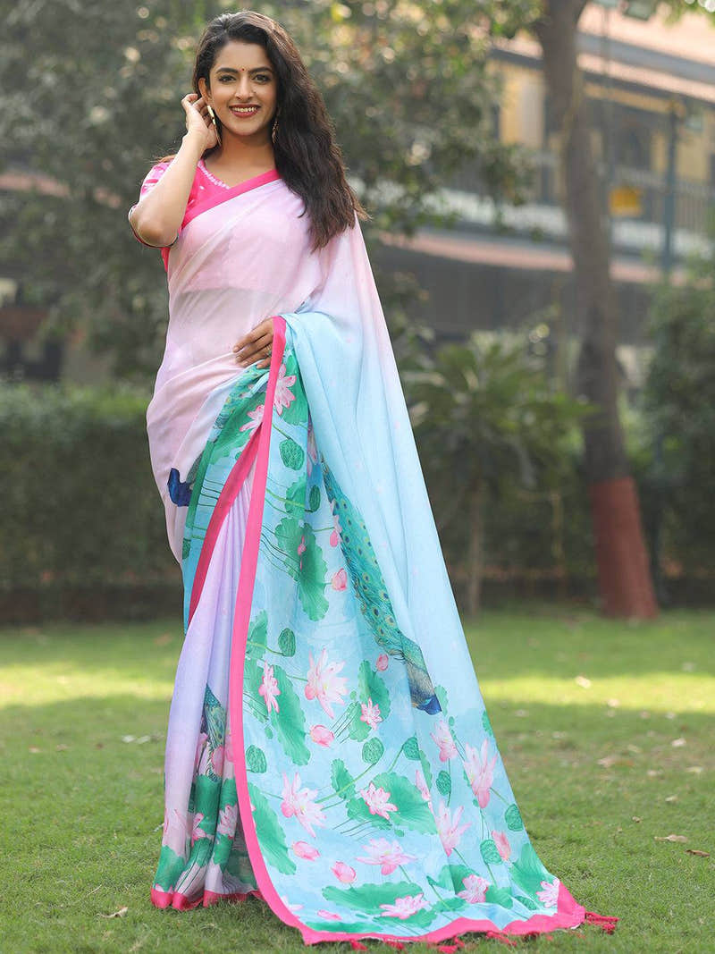 Satin Georgette Light Pink Colour Hand Print Saree - Luxe
