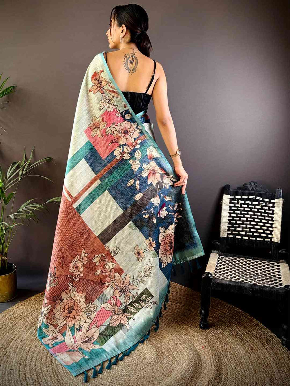 Multi Tussar Zari Floral Saree
