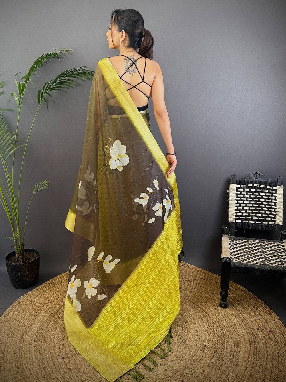 Olive Green Soft Organza Digital Print Saree