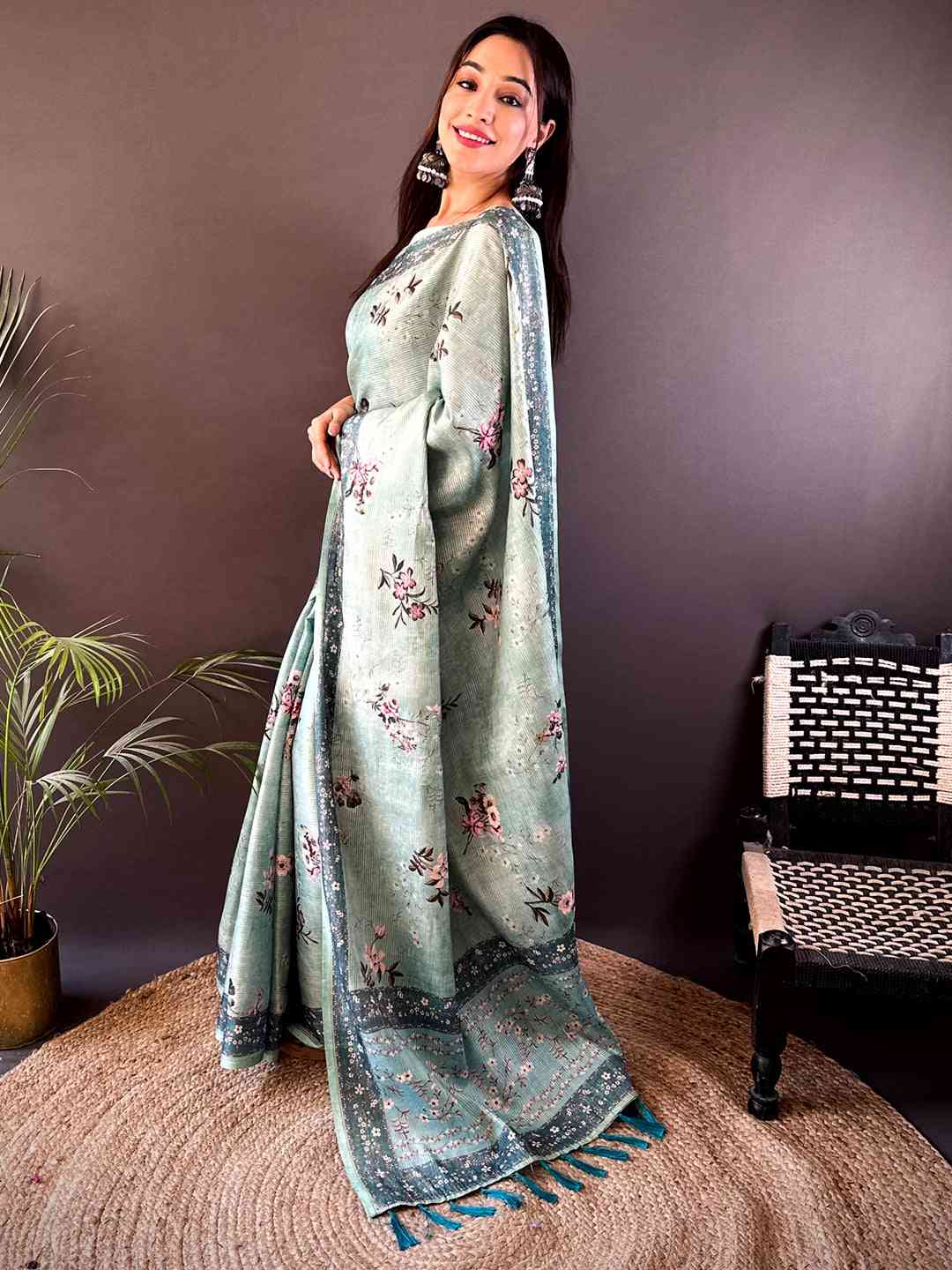 Pastel Green Zari Tussar Floral Print Saree