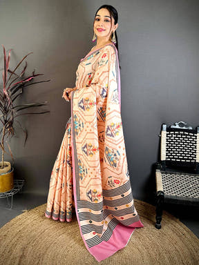 Vibrant Kalamkari Geometric Tussar Saree