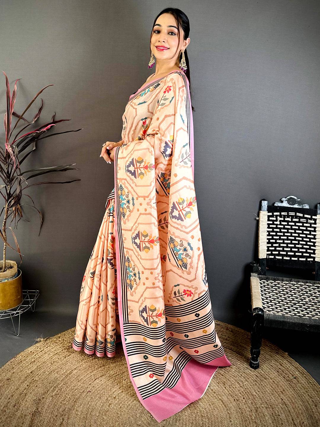 Vibrant Kalamkari Geometric Tussar Saree