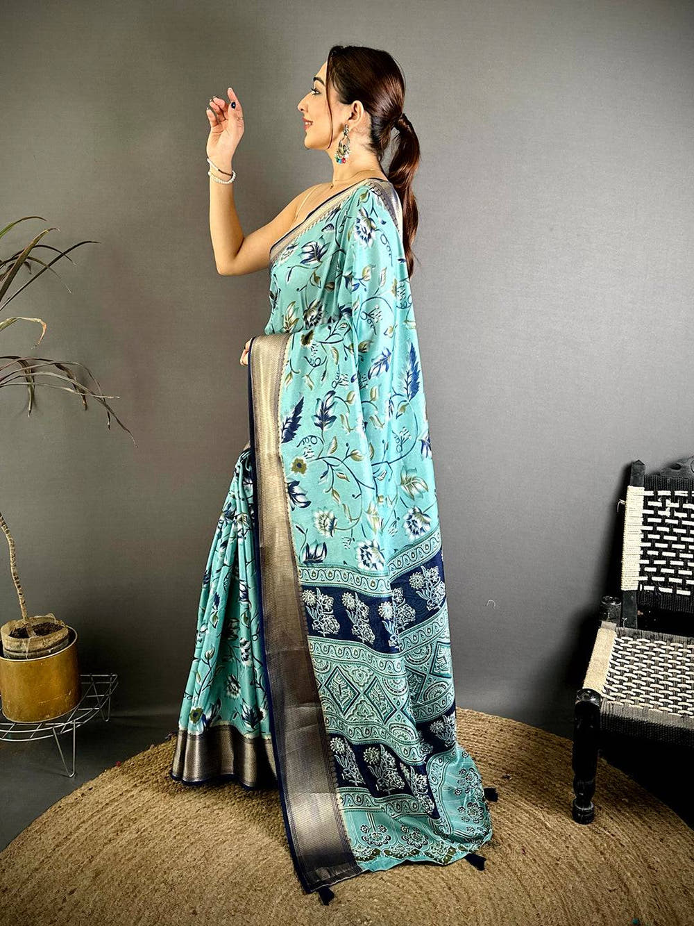 Aqua Soft Dola Silk Floral Kanchi Border Saree
