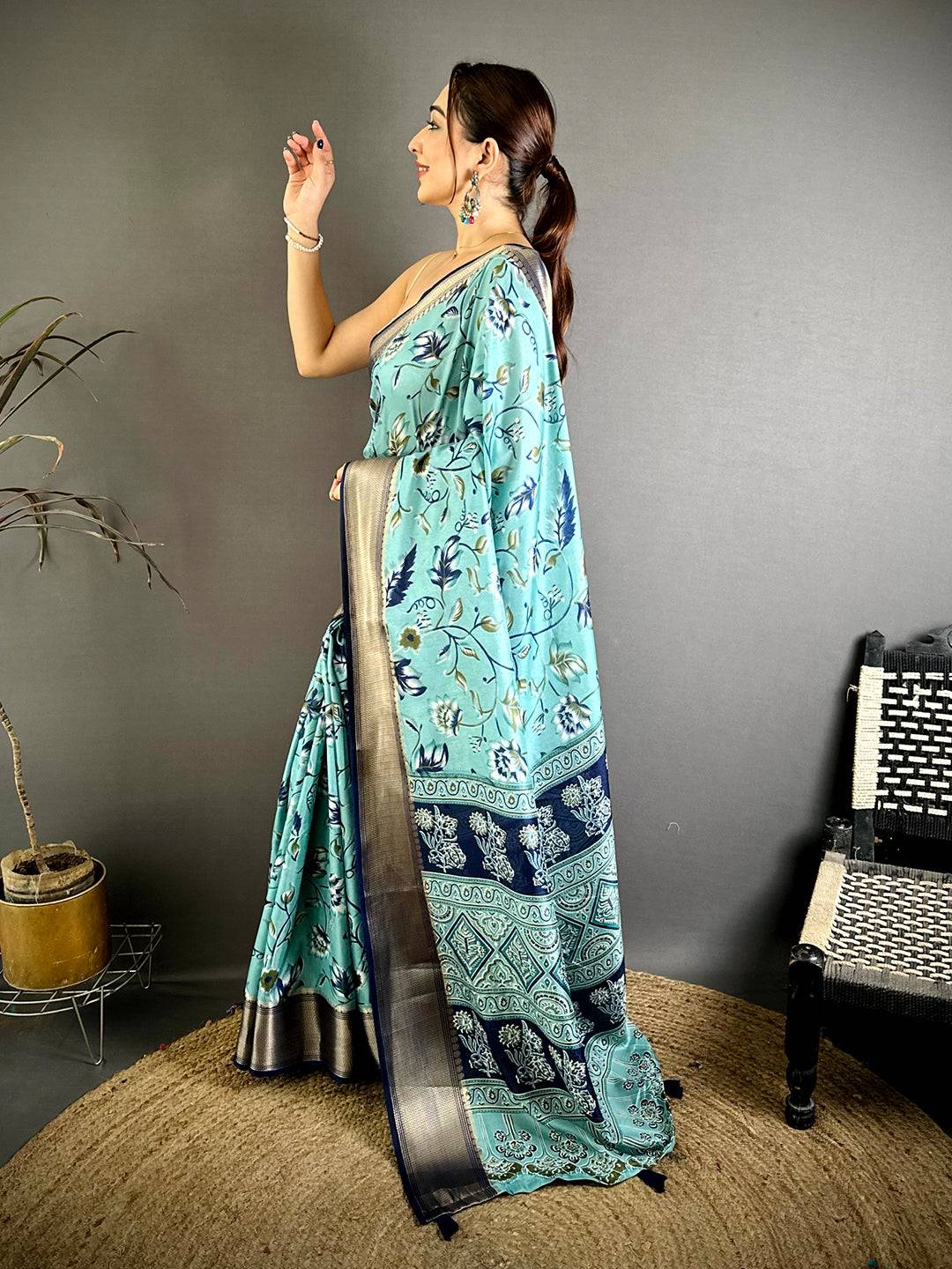 Aqua Soft Dola Silk Floral Kanchi Border Saree