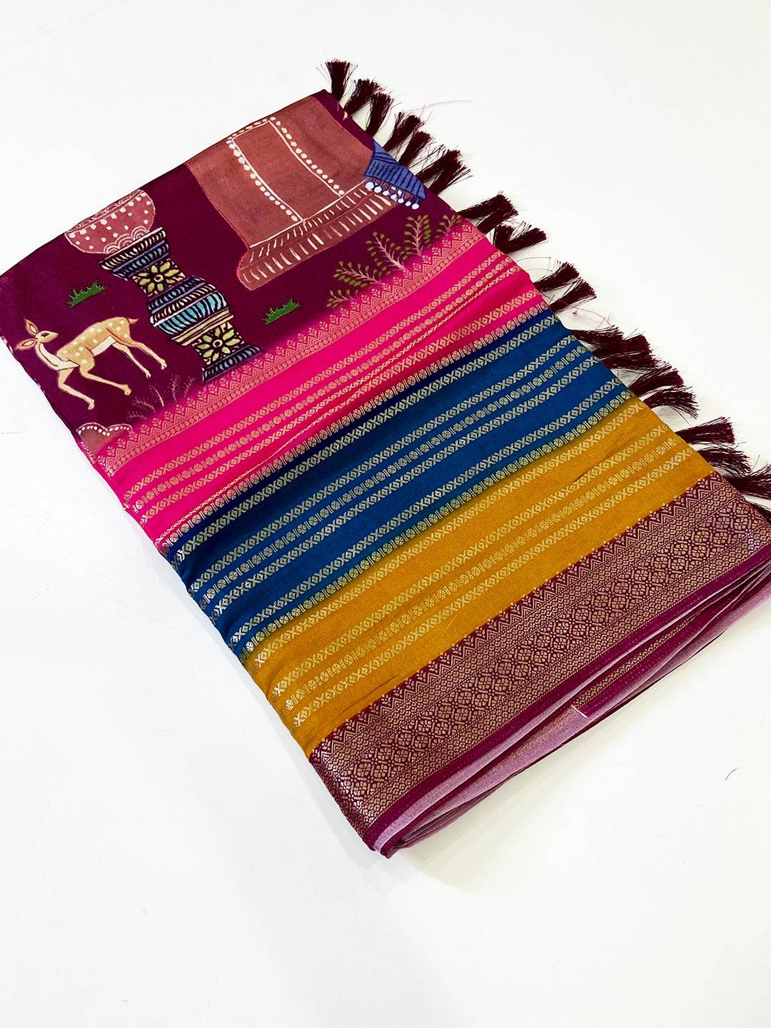 Vibrant Soft Silk Kalamkari Zari Stripe Saree