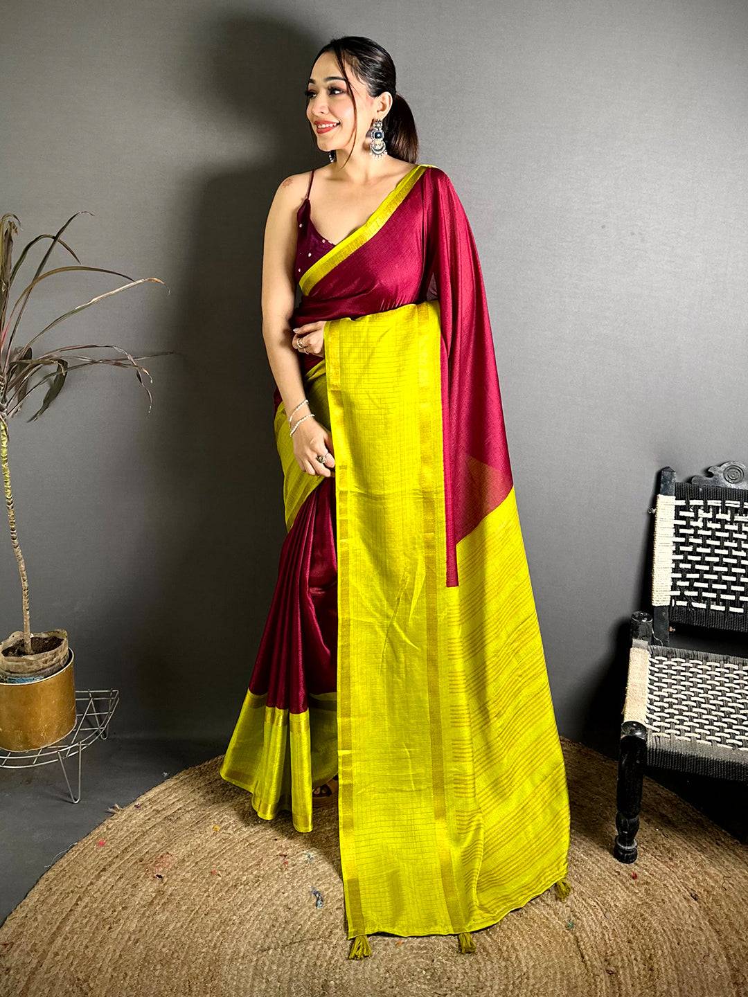 Wine Soft Kota Crepe Contrast Border Saree