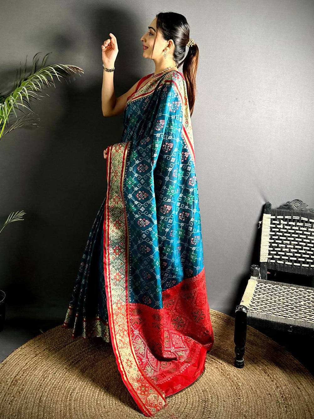 Denim Blue Pochampally Patola Soft Silk Saree

