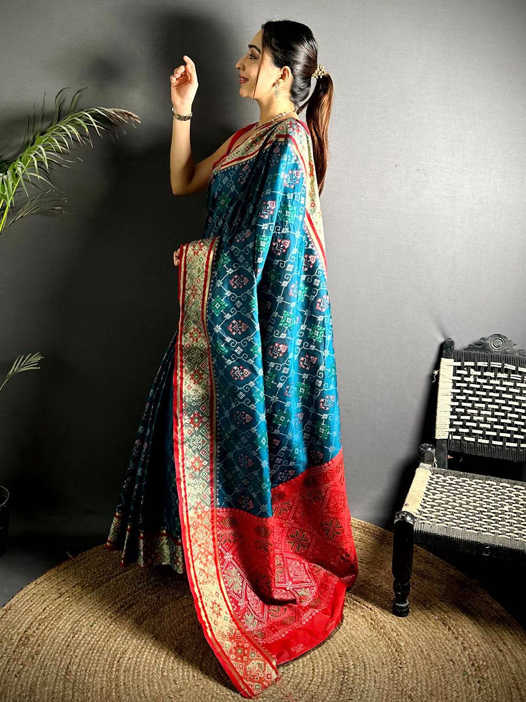 Denim Blue Pochampally Patola Soft Silk Saree

