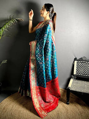 Denim Blue Pochampally Patola Soft Silk Saree

