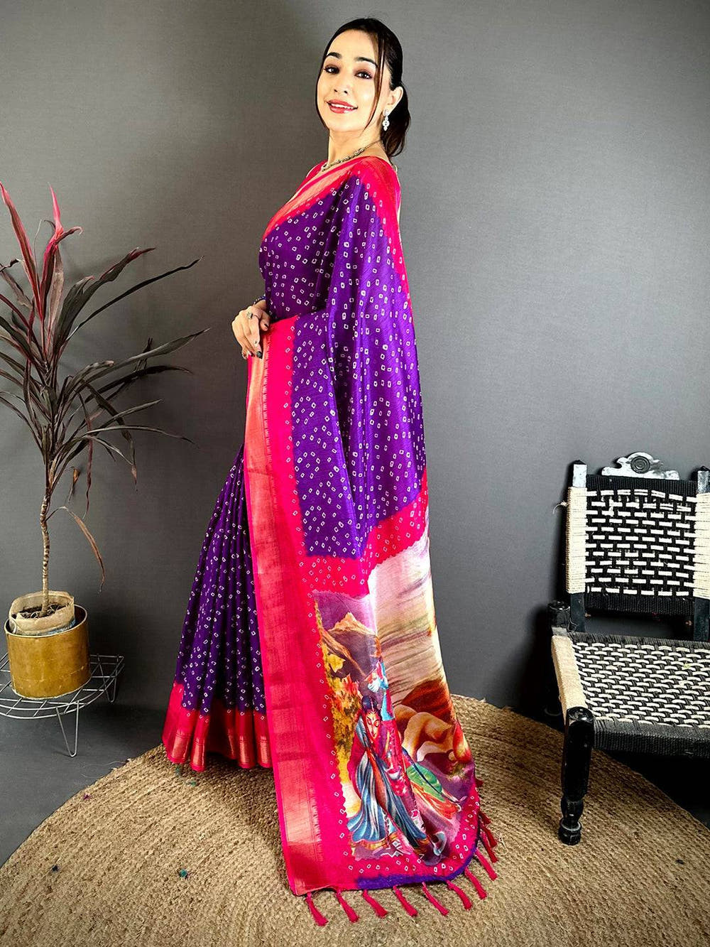 Purple Bandhej Fusion Dola Print Saree