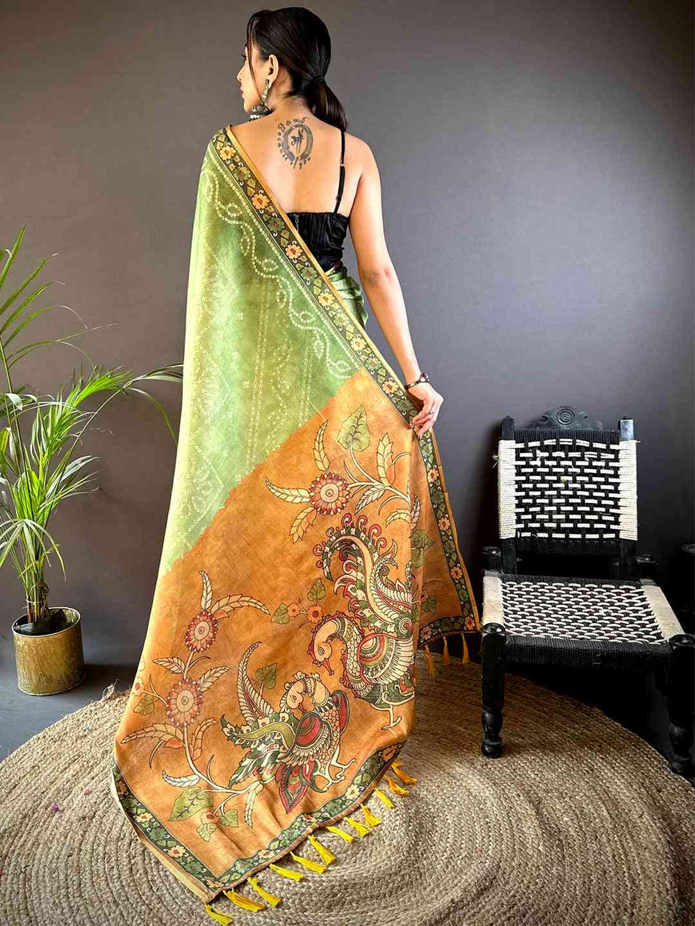 Pista Tissue Bandhej Kalamkari Saree