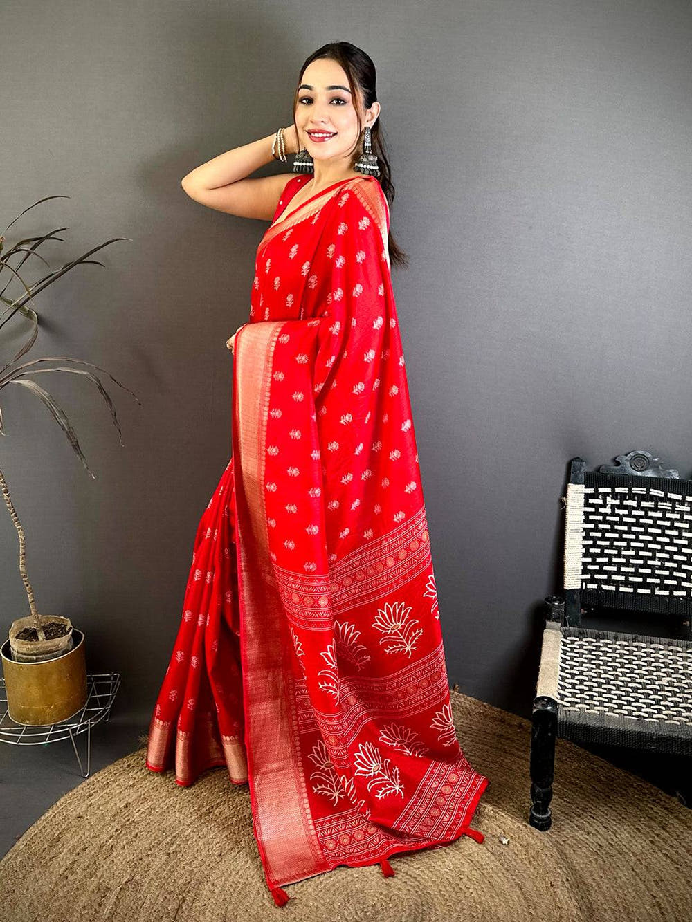 Red Dola Block Print Zari Border Saree