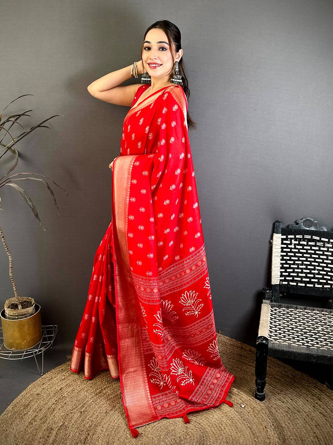 Red Dola Block Print Zari Border Saree