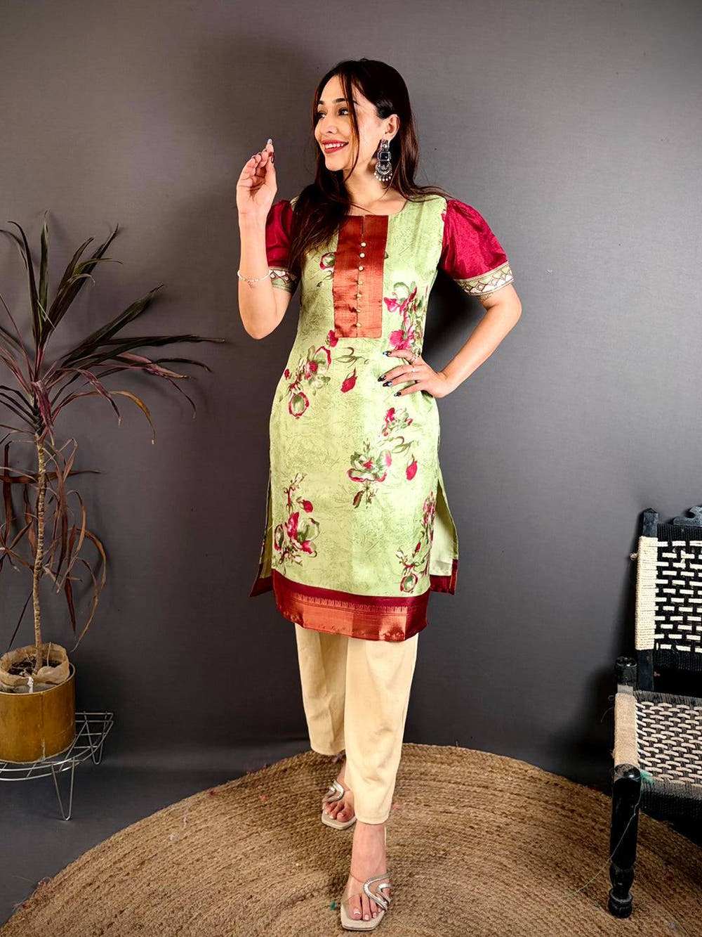 Radiant Round Neck Soft Dola Silk Kurti