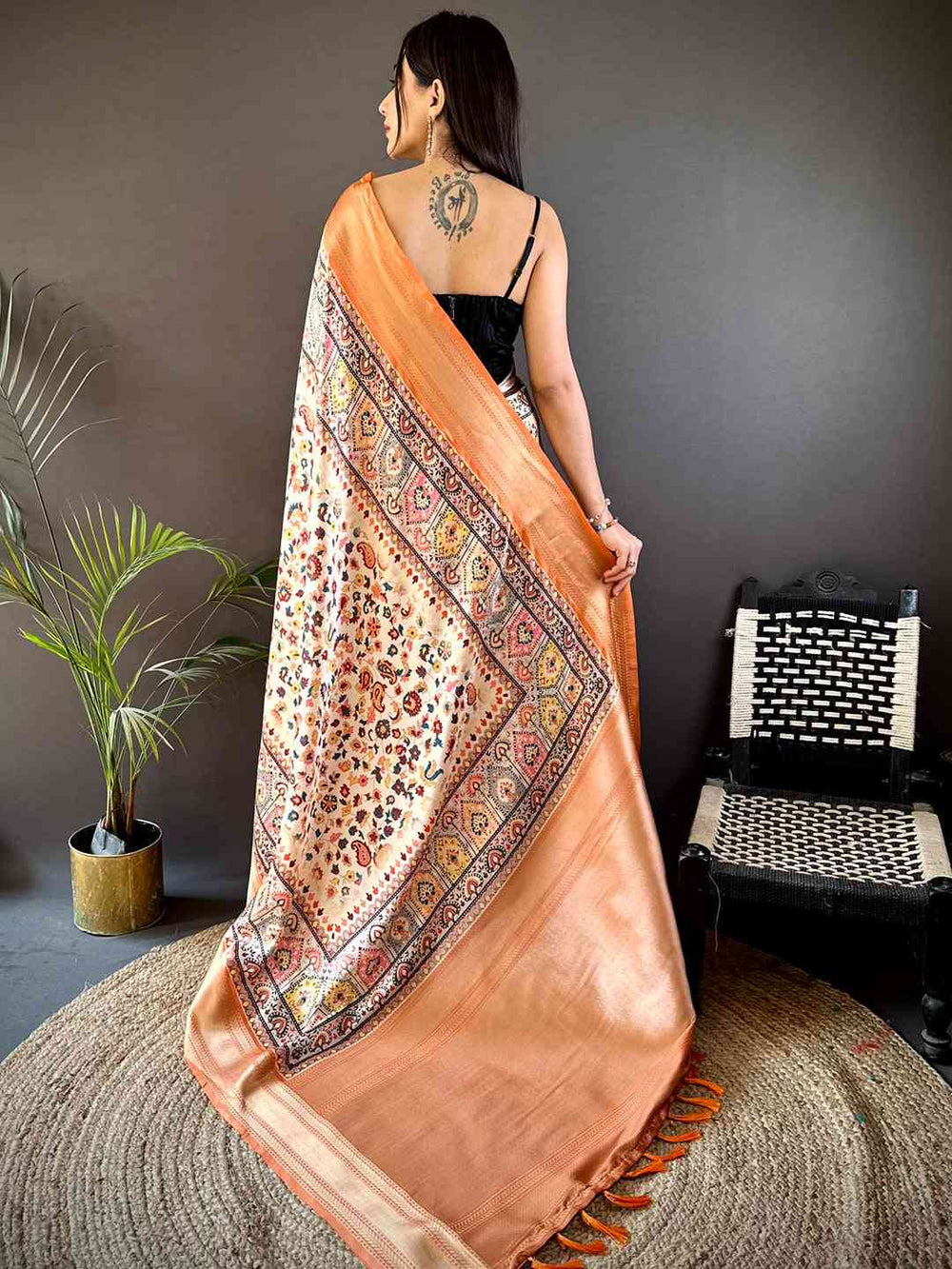 Light Orange Mughal Kalamkari Print Pashmina Saree