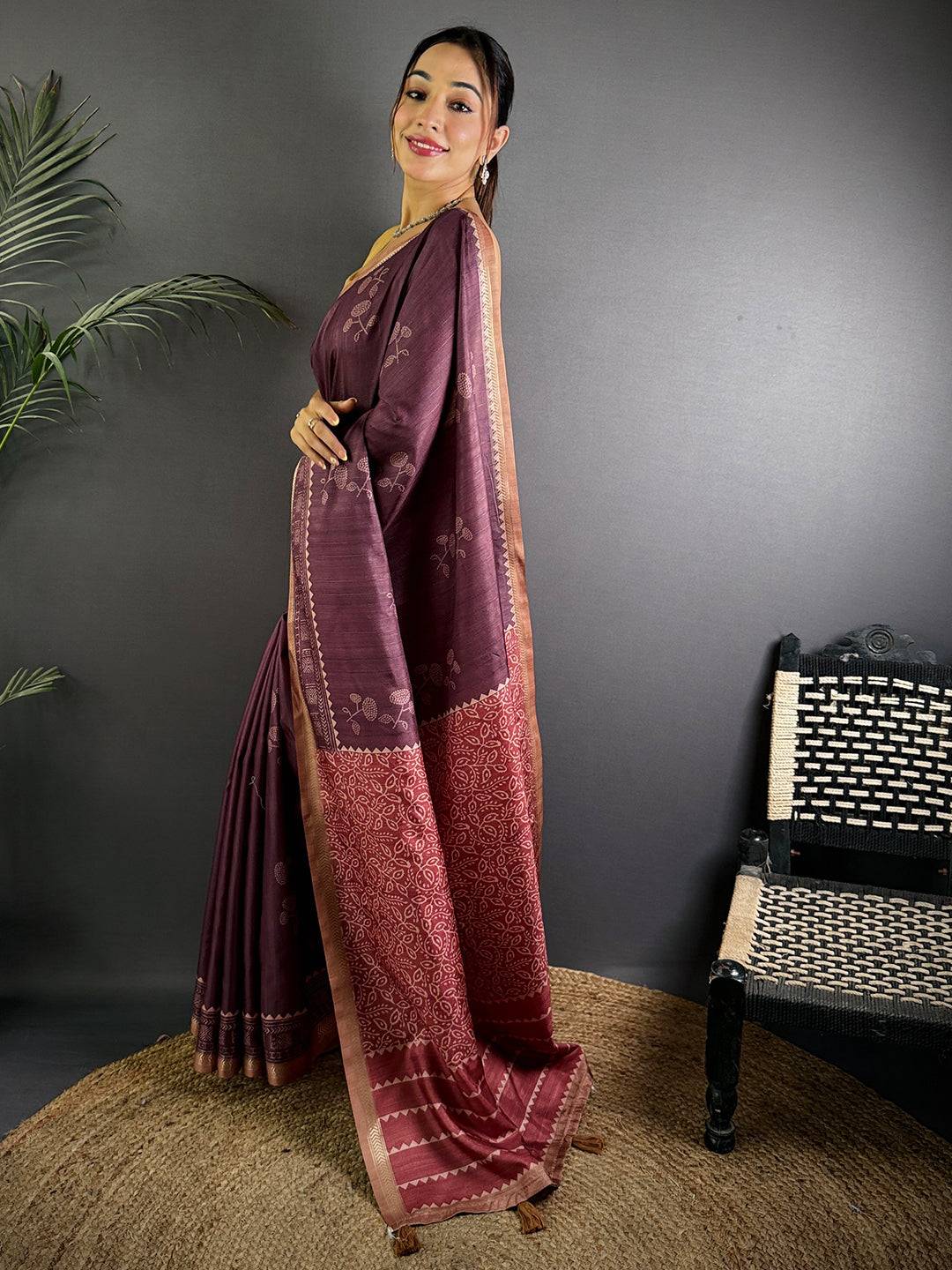 Tussar Ghicha Silk Bandhani Print Saree

