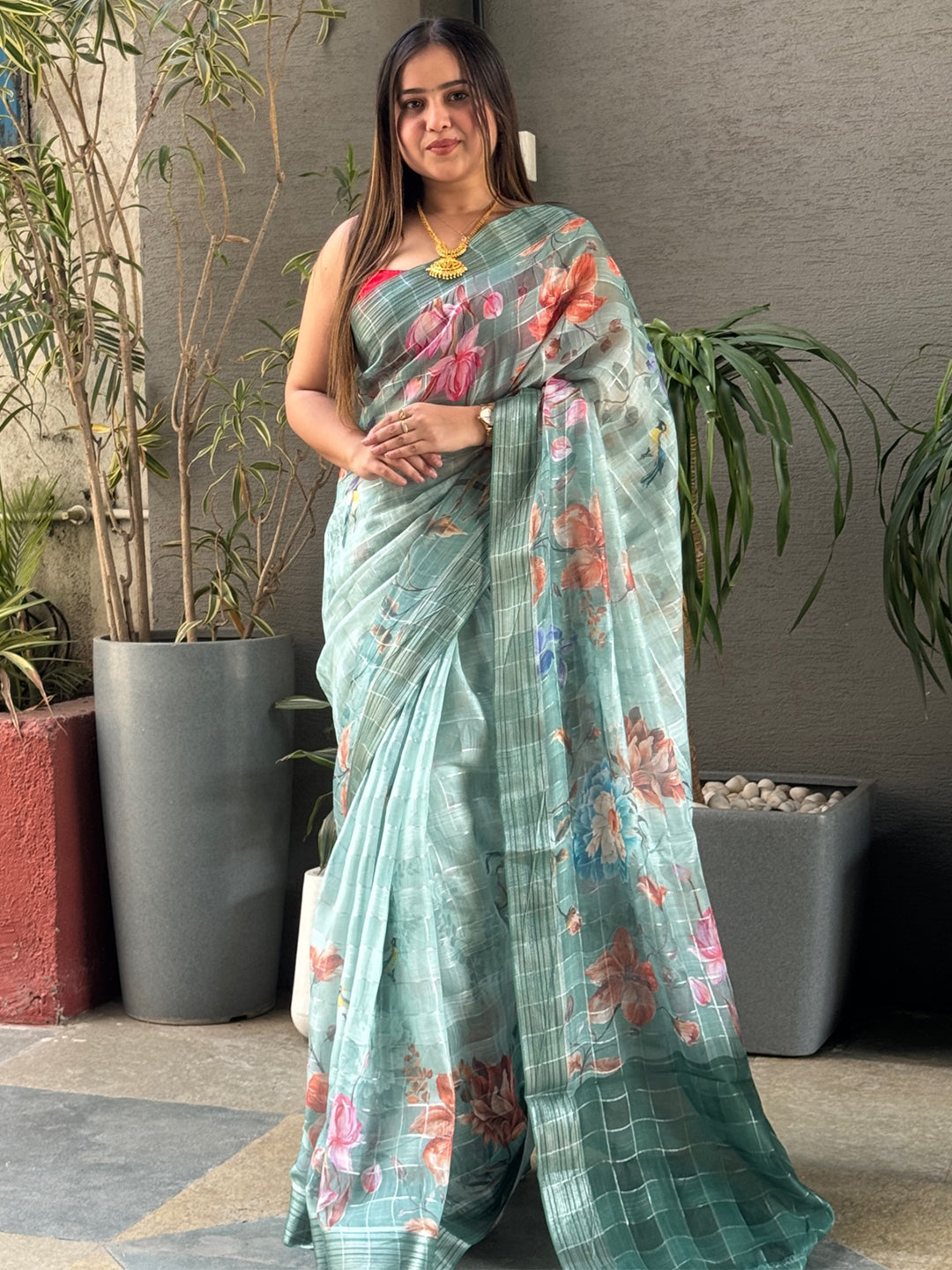 Turquoise Colour Self Zari Chex Weaving Floral Print Saree