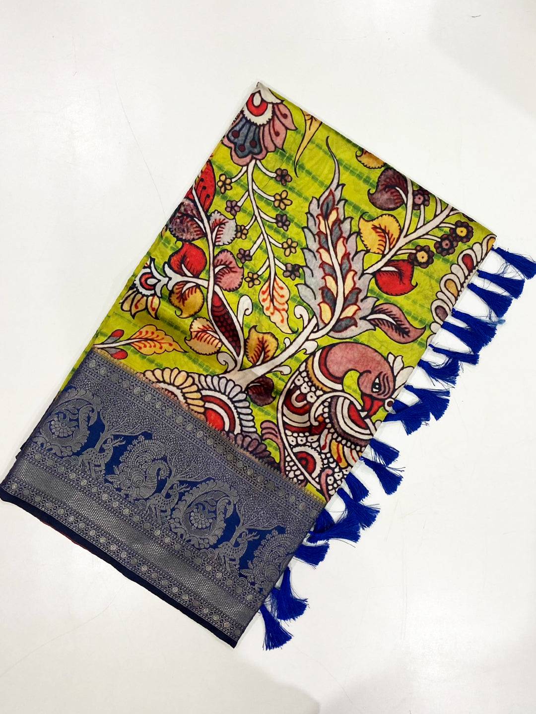 Lime Green Kalamkari Digital Prints Saree