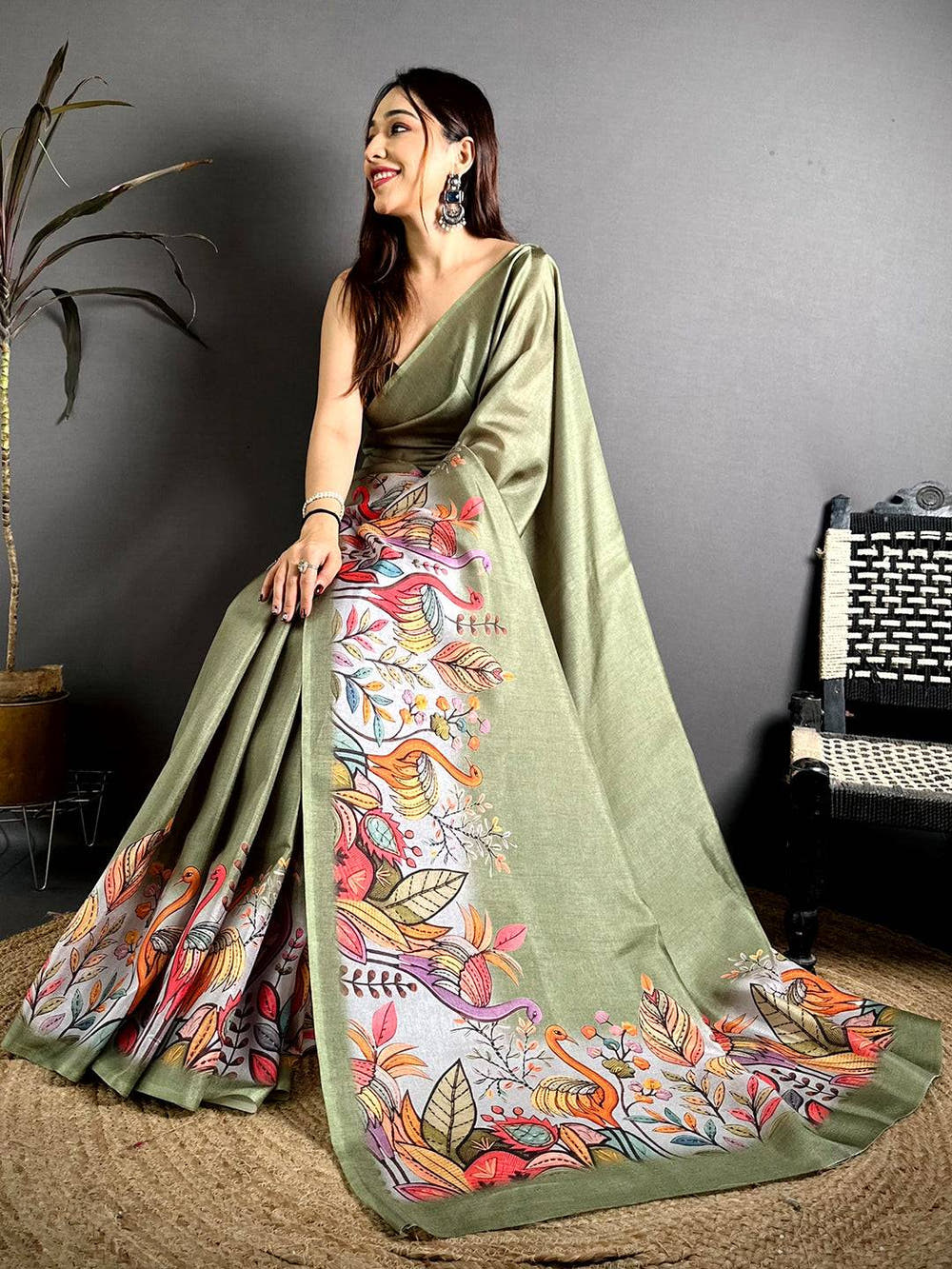 Green Flamingo Border Tussar Saree