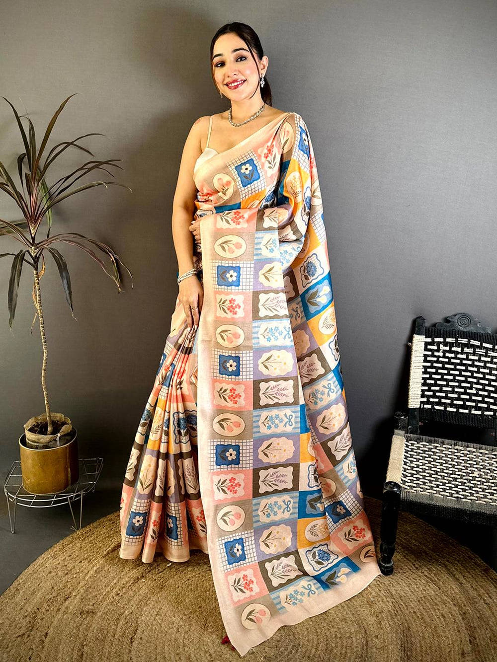 Tussar Multicolour Patchwork Grid Saree