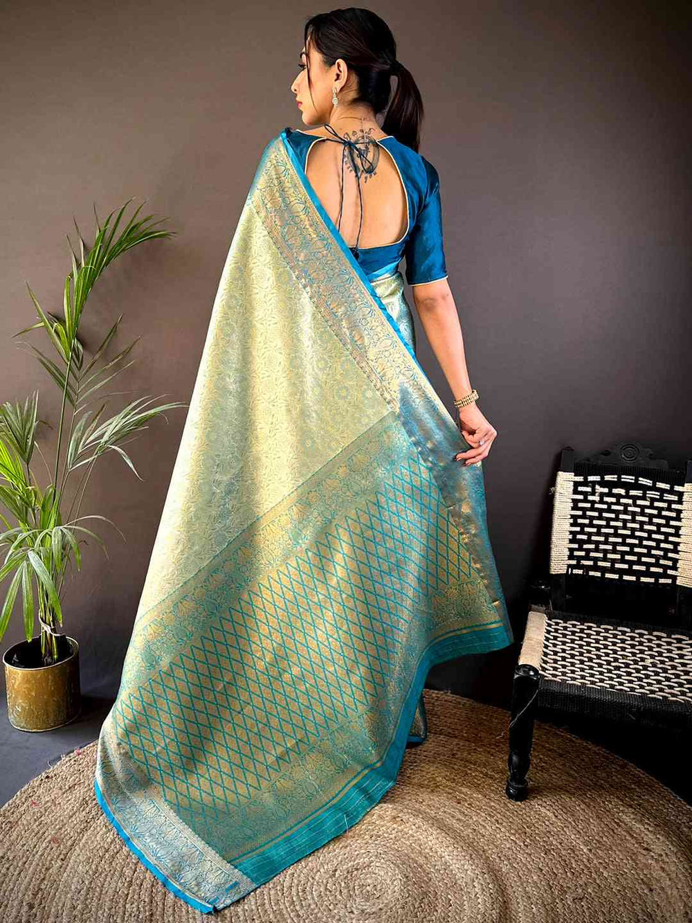 Gold Zari Floral Saree in Rama