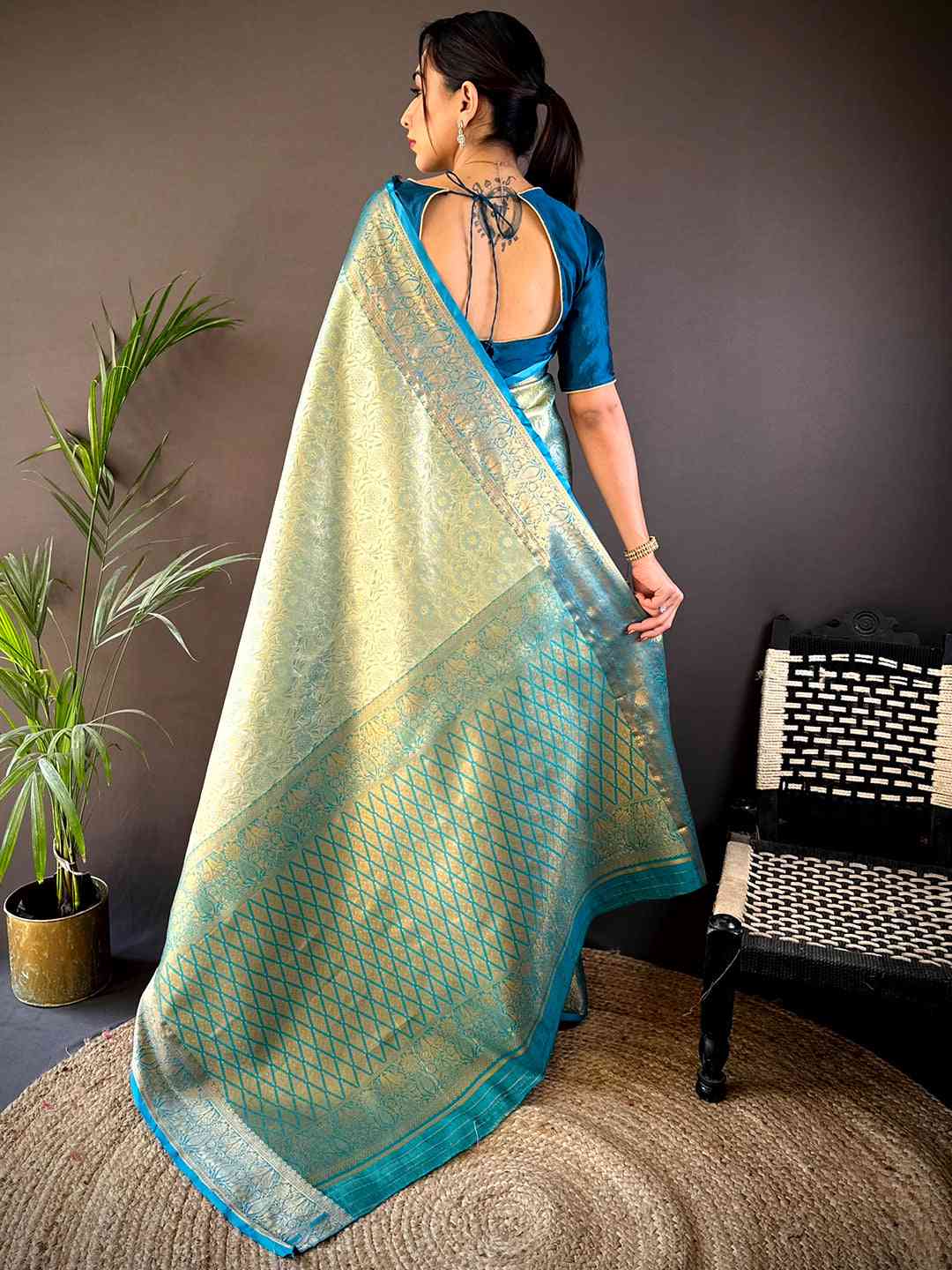Gold Zari Floral Saree in Rama