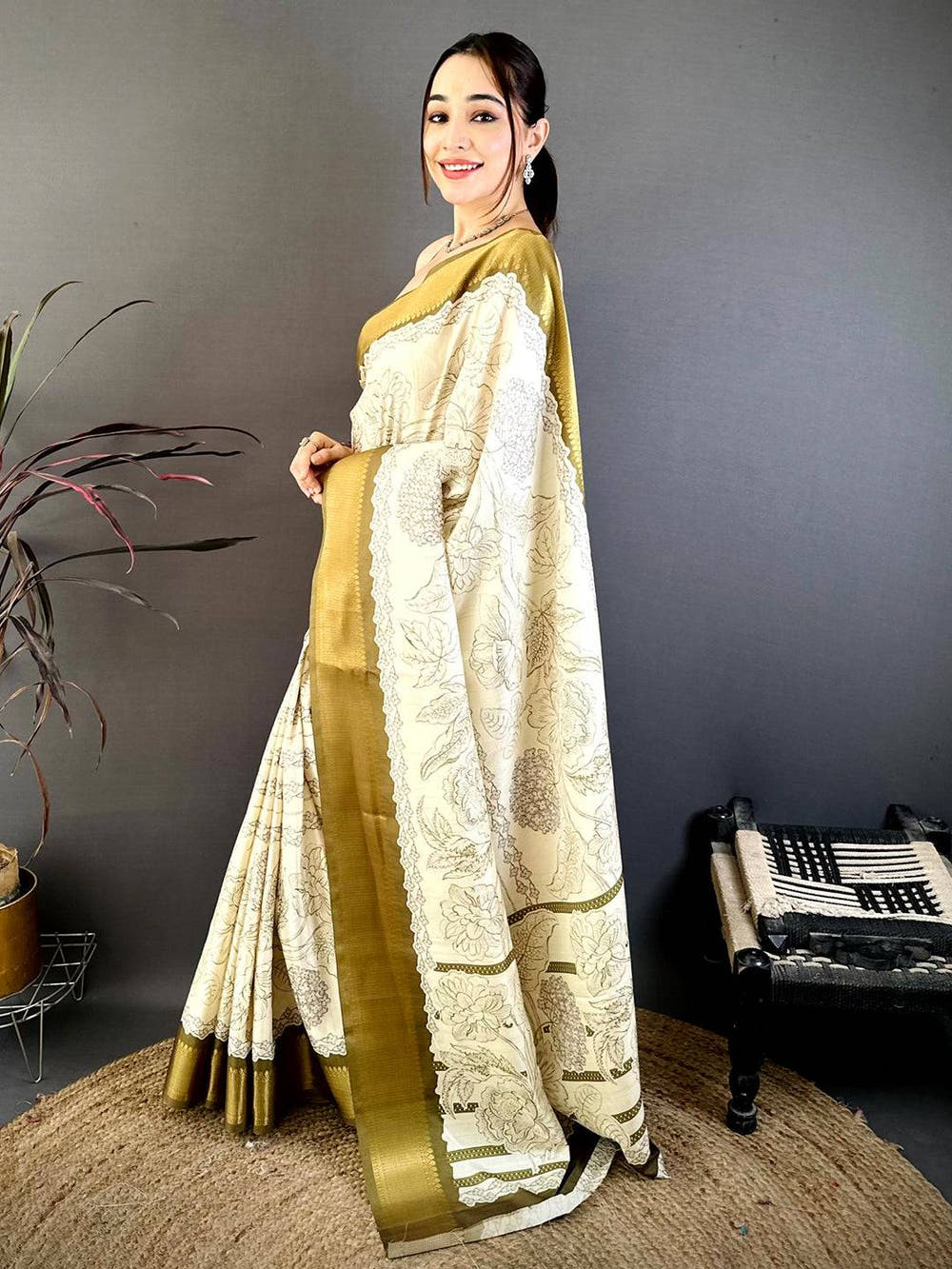 Royal Gold Zari Border Floral Silk Saree