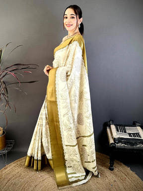 Royal Gold Zari Border Floral Silk Saree
