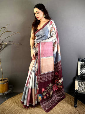 Artisan Tussar Contrast Kalamkari Pallu Saree