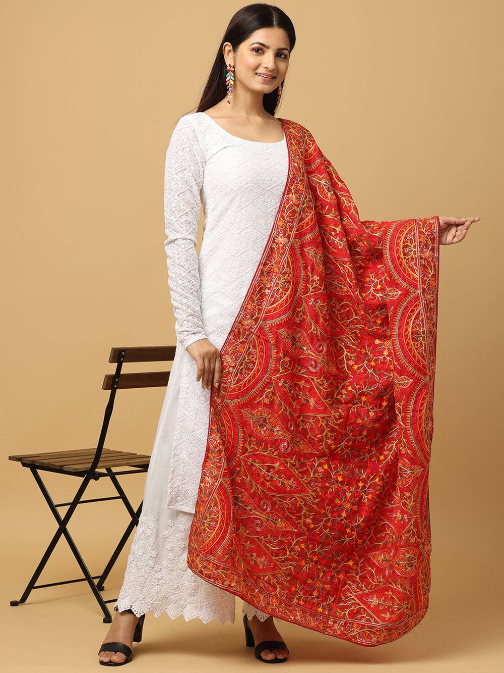 Red poly chiffon pashmina dupatta with intricate threadwork.