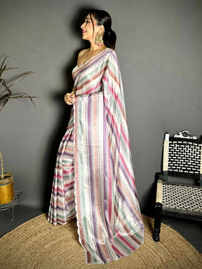 Chiffon Striped Print Diamond Work Saree