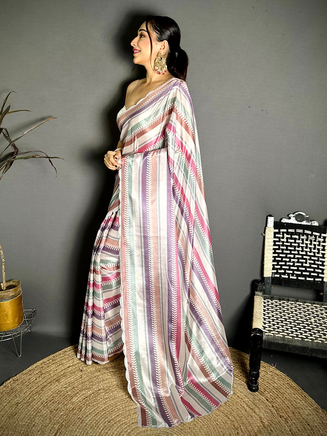 Chiffon Striped Print Diamond Work Saree
