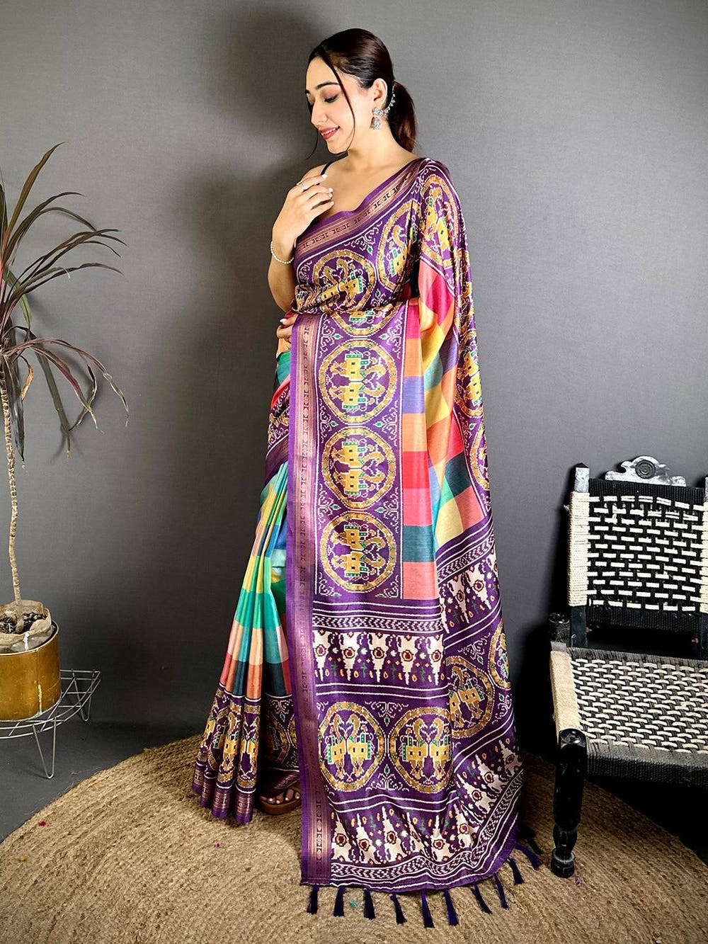 Stylish Digital Check Print Soft Silk Saree