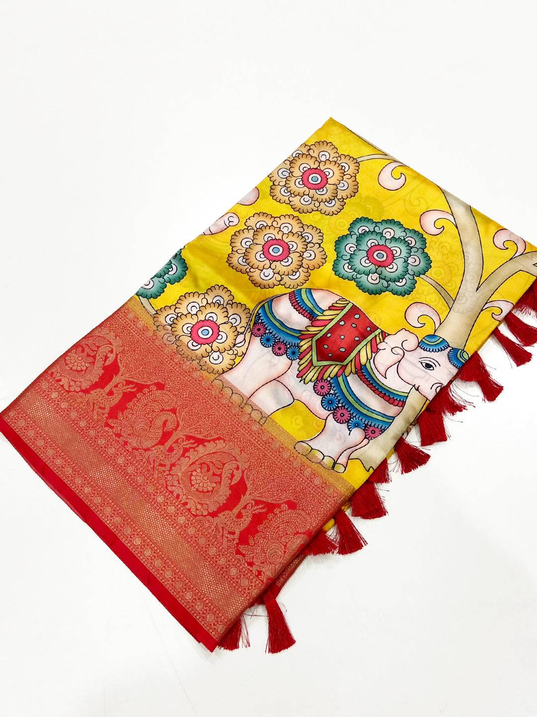Bright Yellow Banarasi Silk Kalamkari Saree


