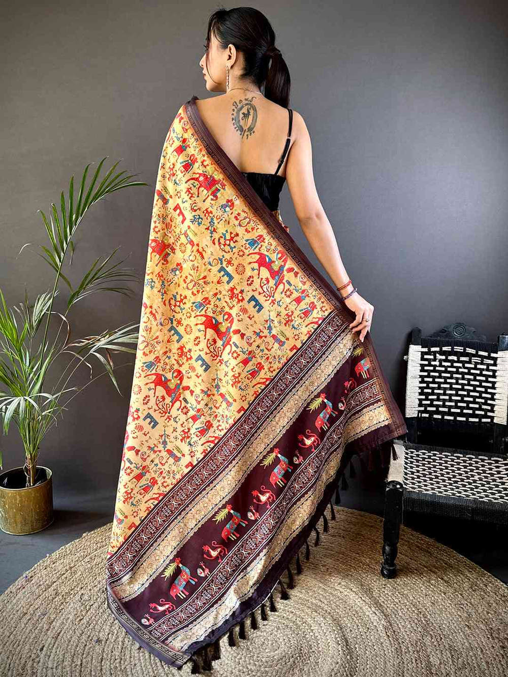 Yellow Soft Silk Block Print Saree
