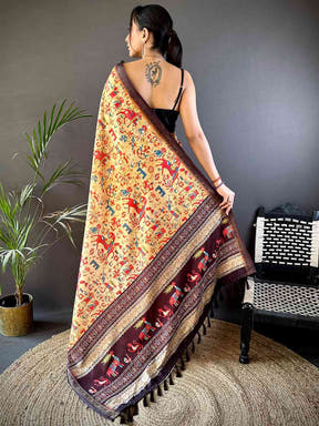 Yellow Soft Silk Block Print Saree