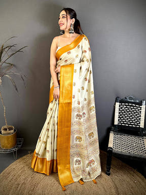 Stylish Ajrakh Block Kalamkari Dola Saree