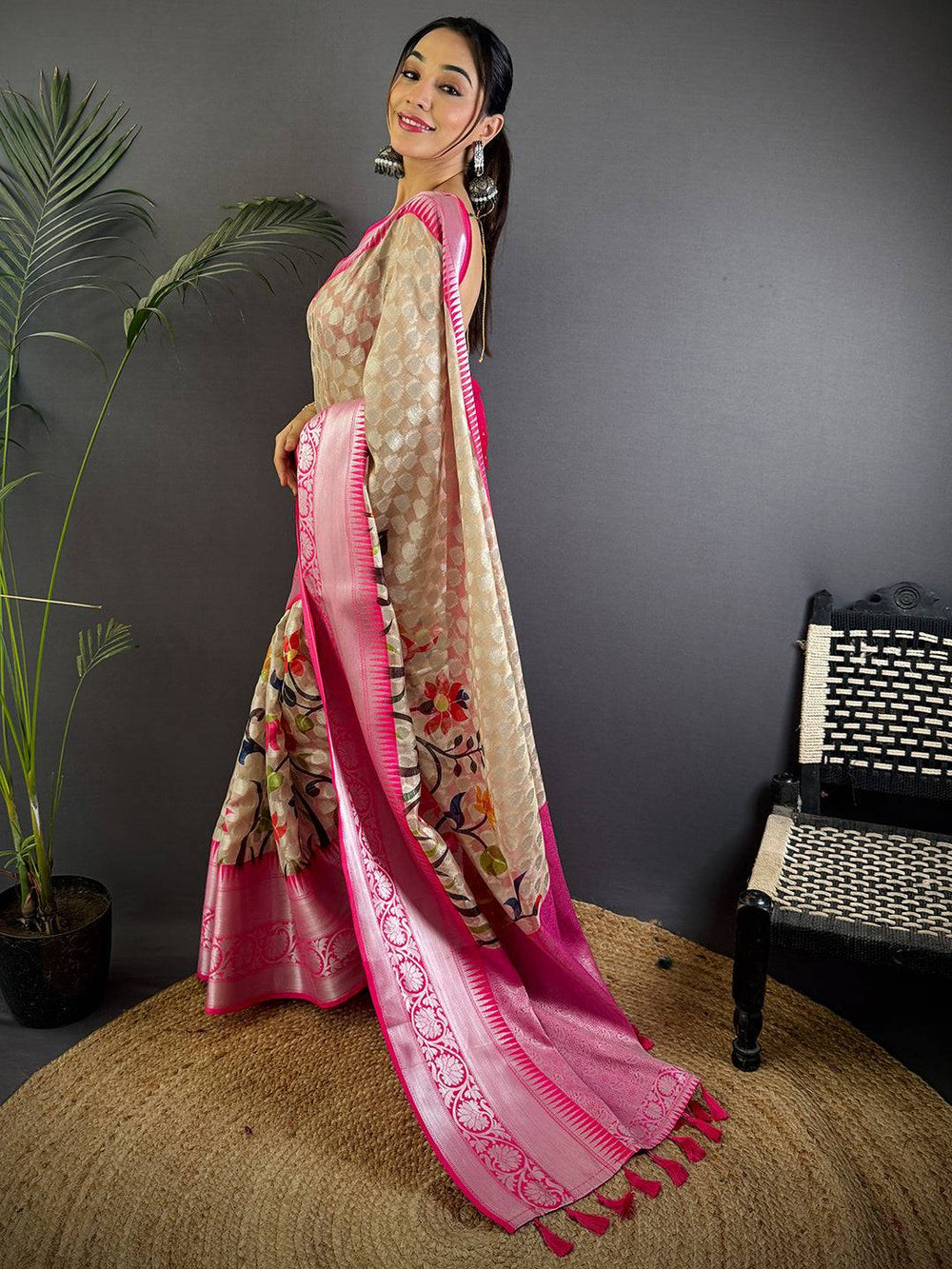 Elegant Cream Kora Tissue Saree